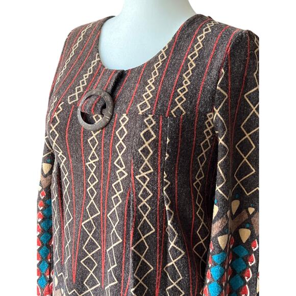Cathaya Boho Brown Graphic Stretch Knit Tunic Women's Size L Wood Accent Fall - Picture 2 of 7